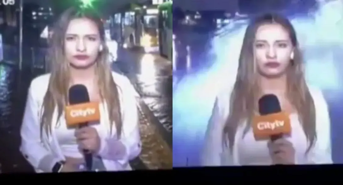 Periodista de City tv fue 'bañada' en pleno directo sobre inundaciones en Bogotá, cuando bus del SITP pasó a alta velocidad y le tiró agua de un charco.