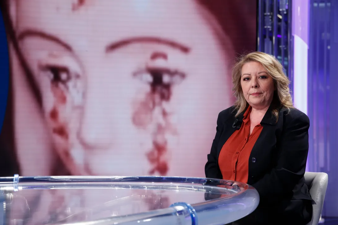 La visionaria de Trevignano, Gisella Cardia, aparece en la transmisión televisiva Porta a Porta en Roma, Italia, el 11 de mayo de 2023. (Foto de Massimo Di Vita/Archivio Massimo Di Vita/Mondadori Portfolio vía Getty Images)