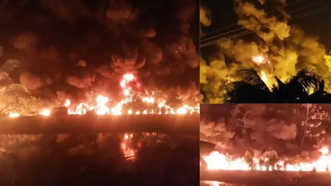 Se vivió pánico en Barrancabermeja, Santander por atentado terrorista en oleoducto de Ecopetrol. El incendio se está propagando.