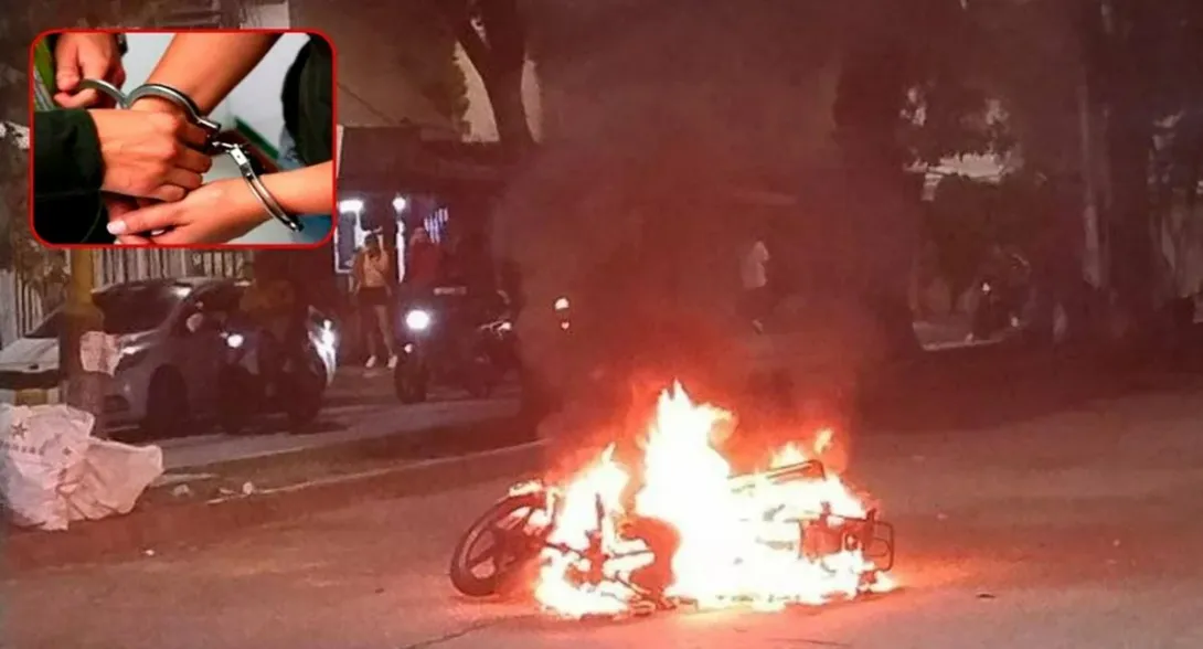 Mototaxista hirió con puñal a su expareja y otro hombre en Bucaramanga. Vecinos lo atraparon e incendiaron su moto, los bomberos controlaron la emergencia.