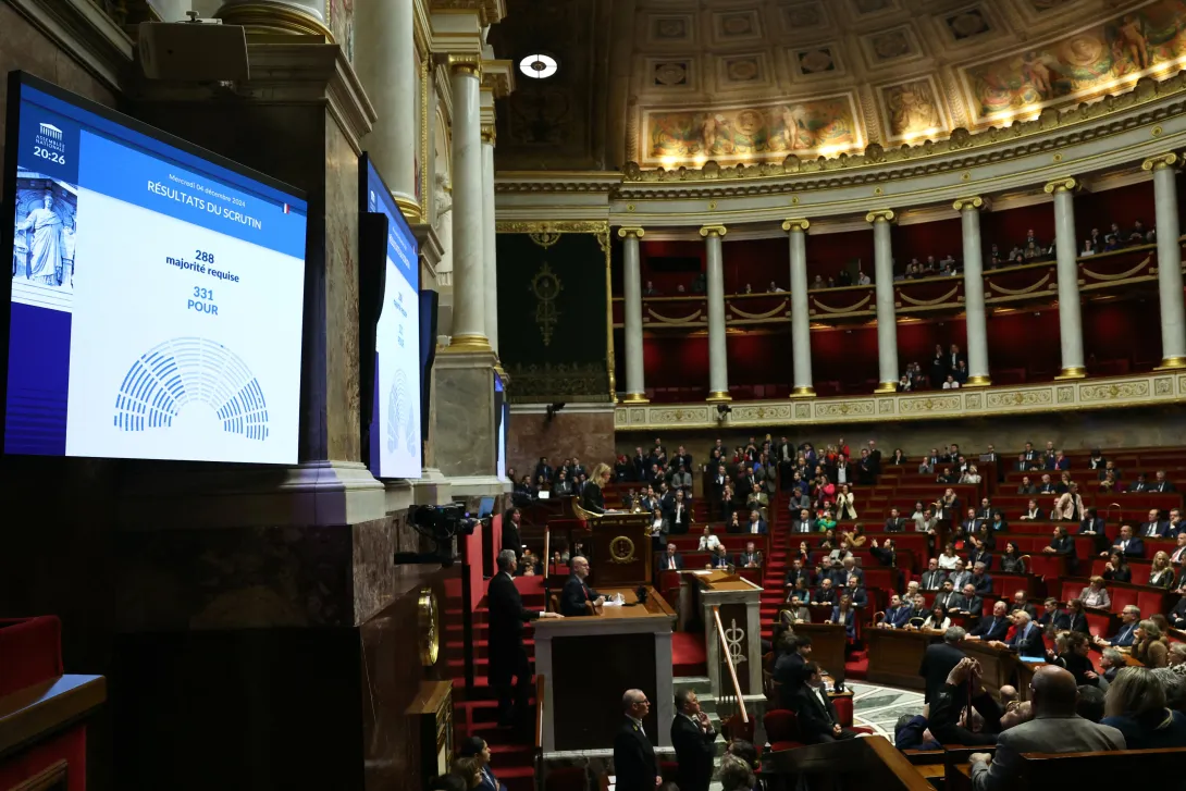 Esta fotografía muestra el resultado del voto de censura contra la administración del primer ministro Michel Barnier mostrado en una pantalla en la Asamblea Nacional en París el 4 de diciembre de 2024 después de que los parlamentarios franceses votaran a favor de derrocar al gobierno después de solo tres meses en el cargo en una medida que profundiza la crisis política en el país.