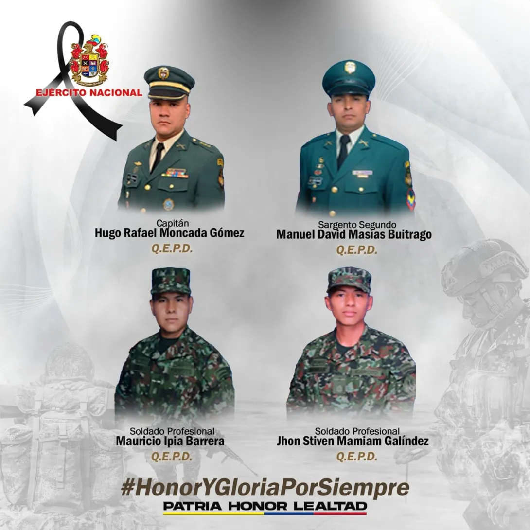 Estos son los cuatro militares muertos en medio de una operación en Antioquia. Fue un accidente, dijeron fuentes del Ejército a SEMANA.