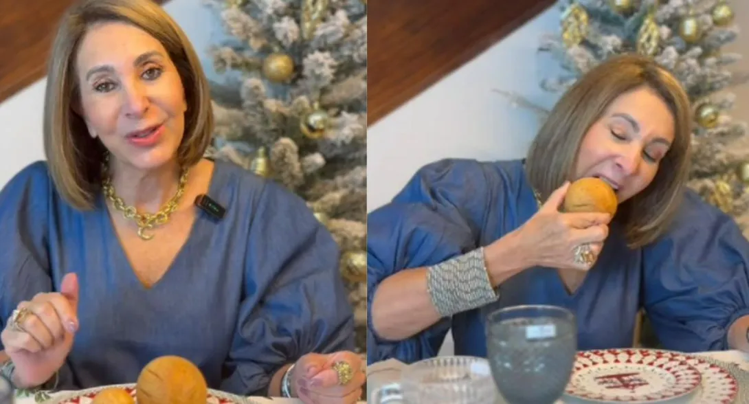 Señora enseña cómo comer un buñuelo en Navidad y no huntarse tanto las manos y la boca cuando lo invitana a alguna reunión familar.