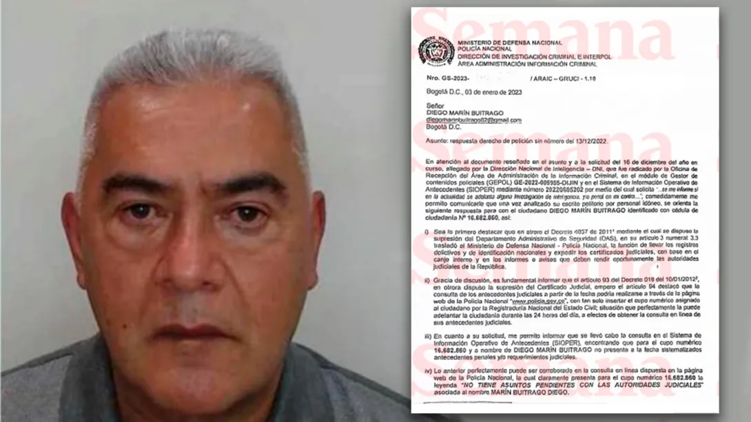 Se trata de una especie de “paz y salvo” judicial que el mismo Diego Marín, con su puño y letra, solicitó a la Policía para conocer cuál era su historial criminal en las bases de datos de las autoridades.